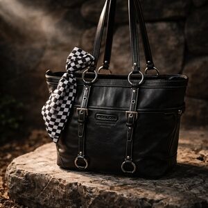 Coach Black Leather Tote with Checkered Scarf